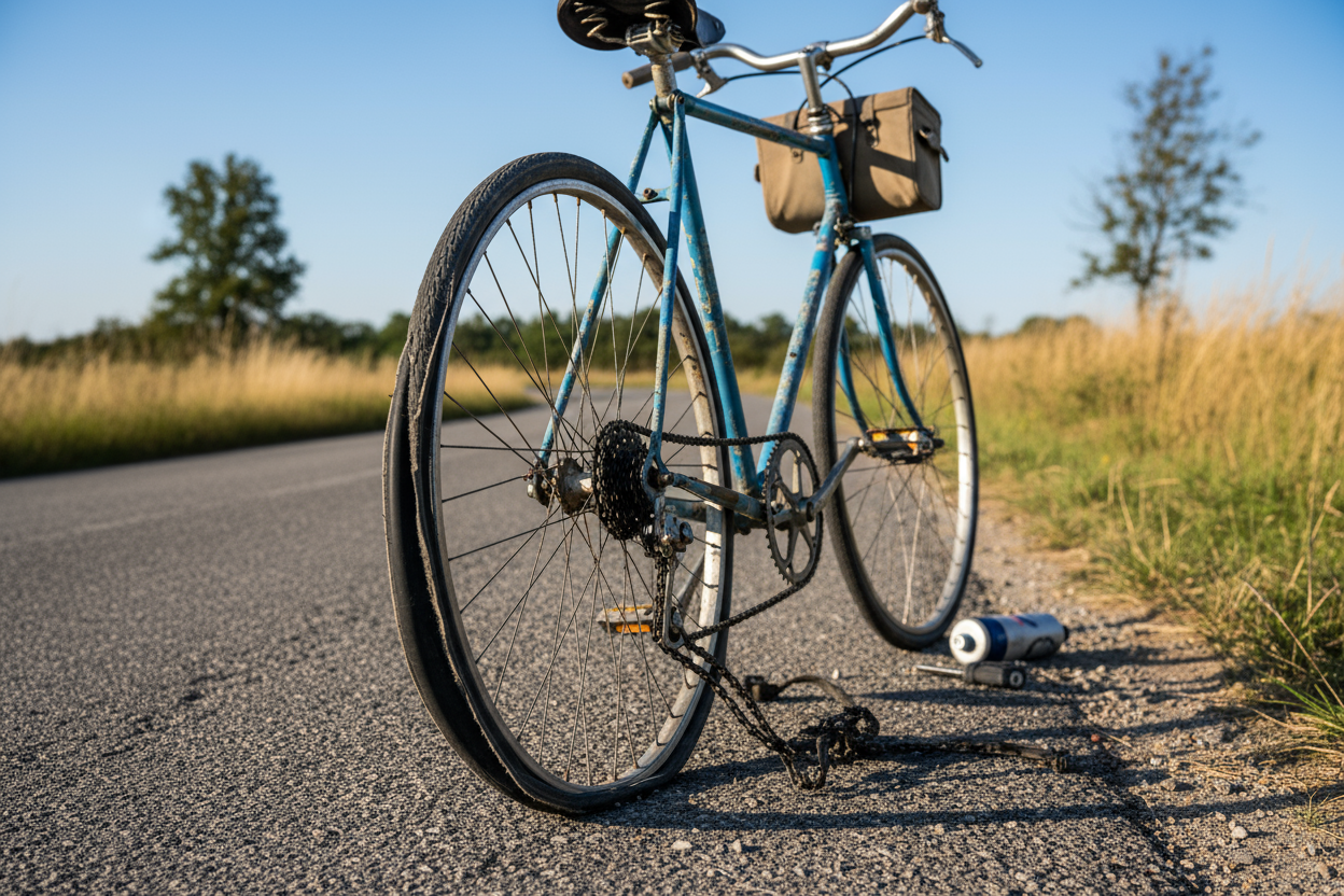Broken down bicycle on the side of the road
