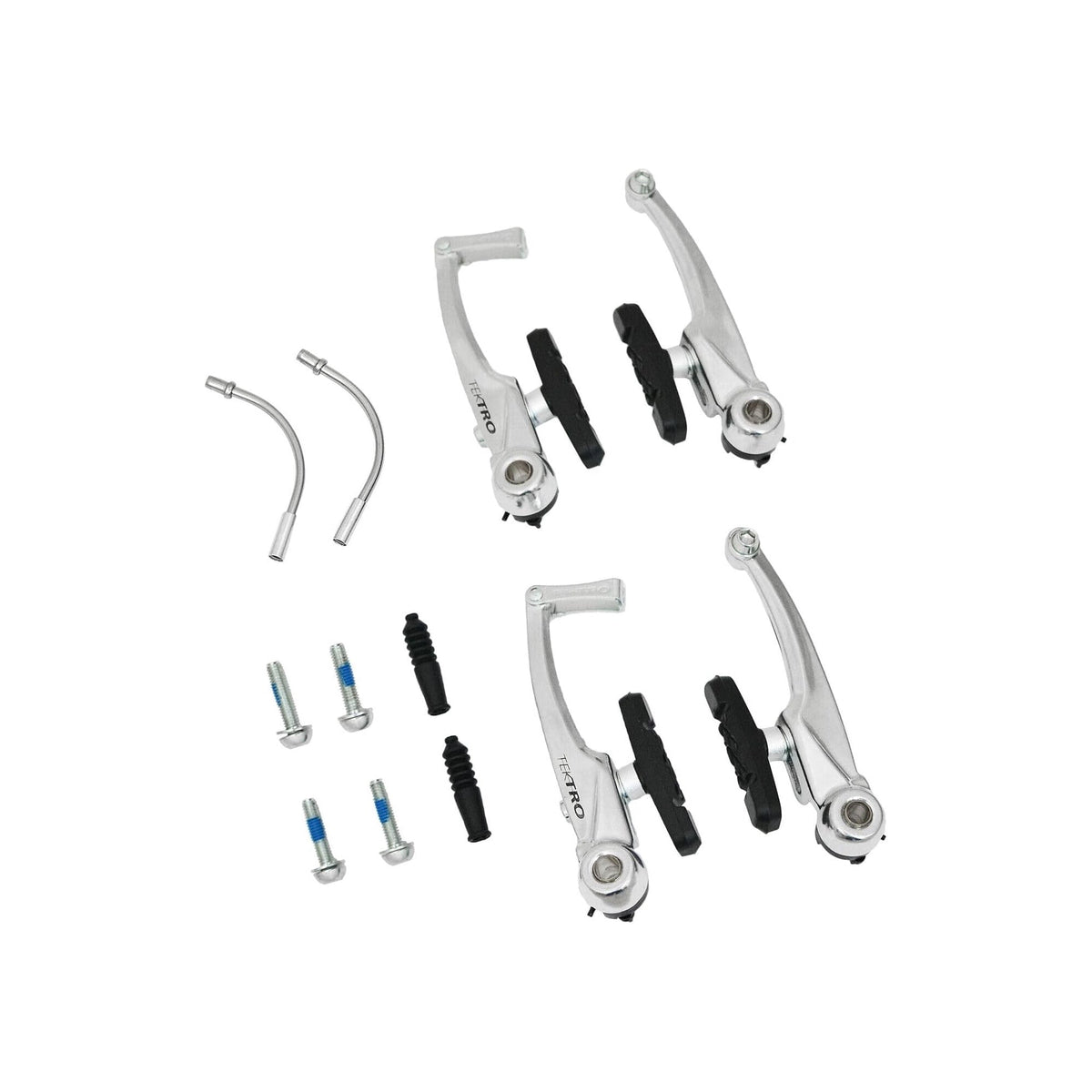 Tektro 110mm silver V-brake set showing front and rear brake components